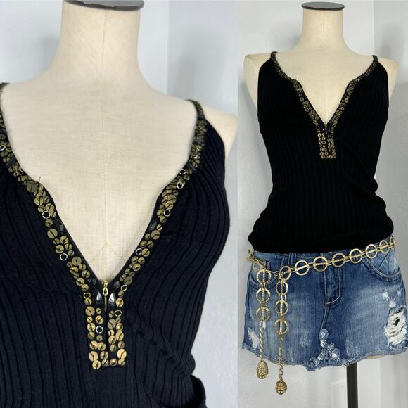 Sequin Detail Zipper Black Ribbed Tank Top Small - Picture 1 of 6